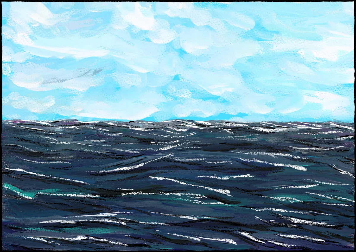 a digital painting of a cloud-covered blue sky and the ocean, with more details in the sea than the first image