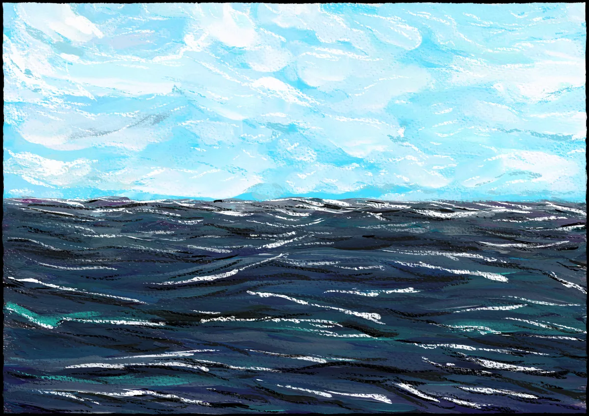 a digital painting of a cloud-covered blue sky and the ocean, now also with extra details in the clouds