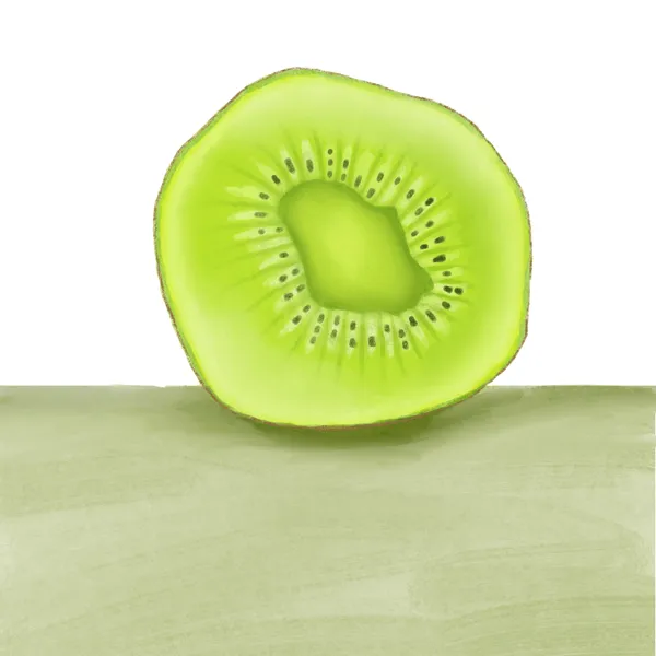 Digital watercolour of a halved kiwi as seen face on