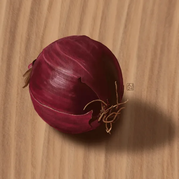 A whole red onion, seen from above, resting on a wooden surface
