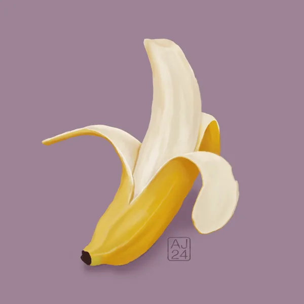 Digital drawing of a half peeled banana against a purple background