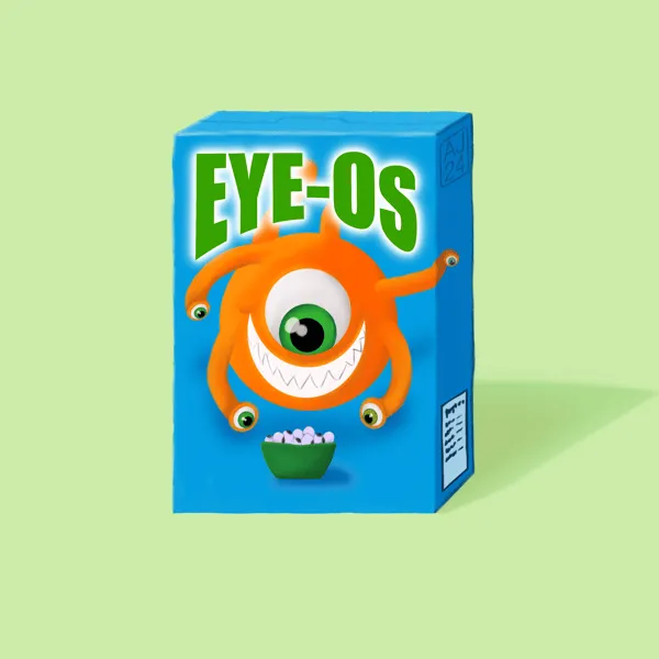 Digital drawing of an imaginary brand of cereal called Eye-O's. A blue box featuring an orange monster gleefully eyeing a green bowl of eyeballs