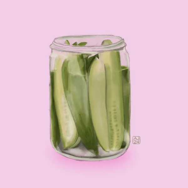 Digital drawing of an open jar of pickles against a pink background