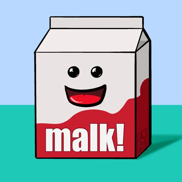 Digtal drawing of a cartoon milk carton with a smiling face, and the word Malk emblazed on it.