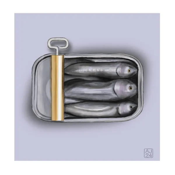 Digital drawing of an open can of sardines