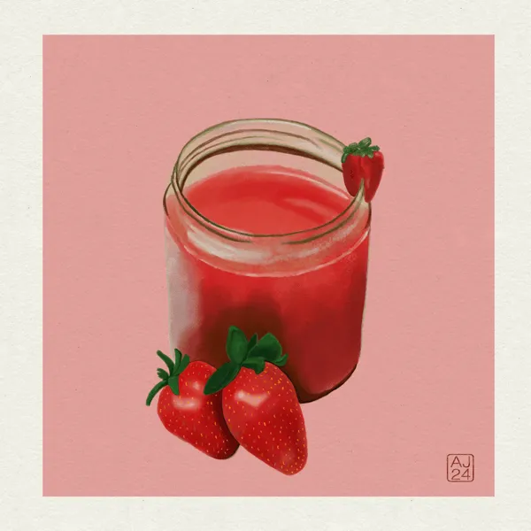 Digital drawing of an open jar of strawberry jam with a strawberry perched on the rim, and two whole strawberries in front of it.