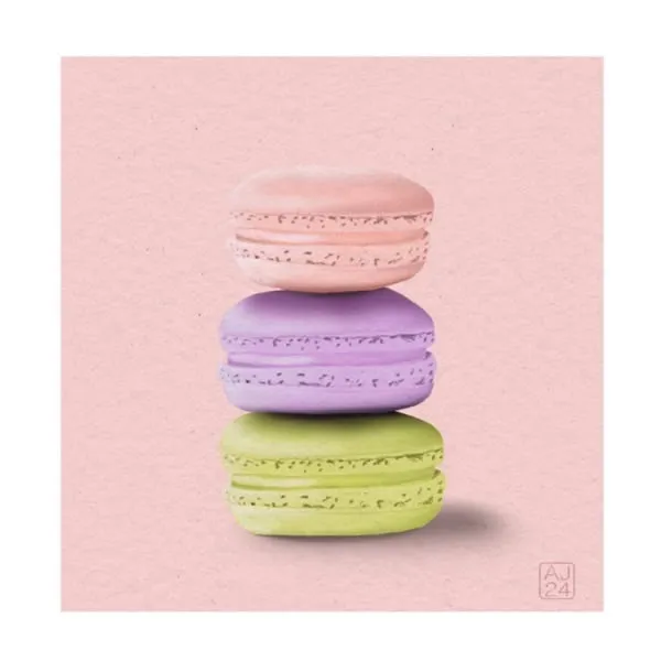 Digital drawing of 3 macarons balanced atop each other.