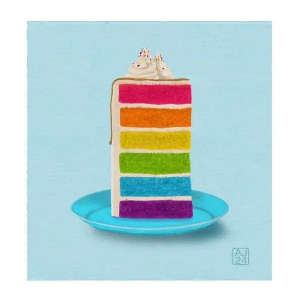 Digital drawing of a slice of rainbow cake
