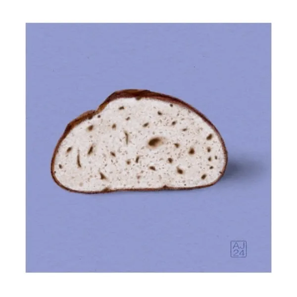 Digital drawing of a loaf of sourdough bread sliced in half