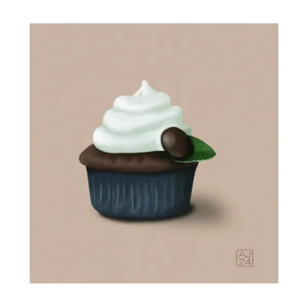 Digital drawing of a chocolate cupcake with white frosting