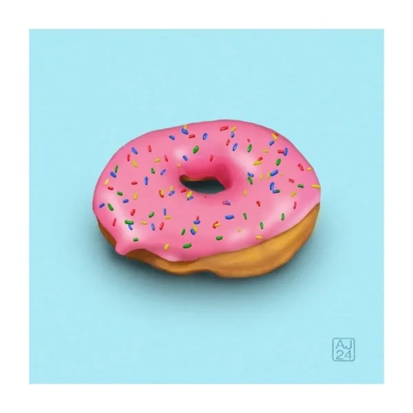 Digital drawing of a doughnut with pink frosting and sprinkles