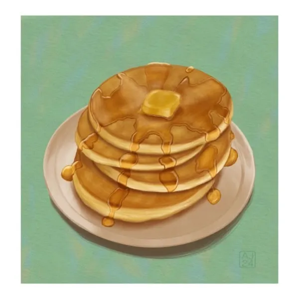 Digital drawing of a stack of pancakes with a pat of butter on top and drenched in syrup