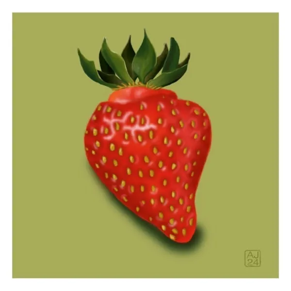 Digital drawing of a whole strawberry against a green background