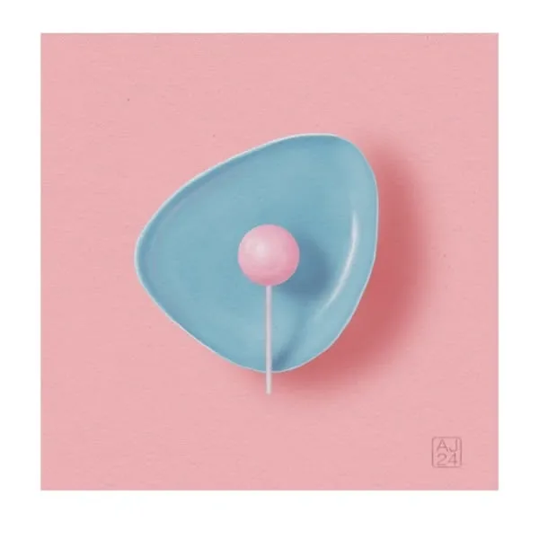 Digital drawing of a pink lollipop resting on a blue dish against a pink background