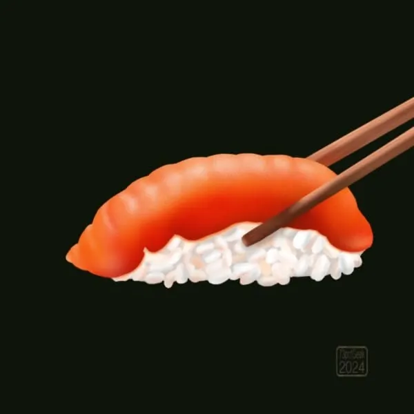 Digital drawing of a piece of nigiri sushi held in a pair of chopsticks