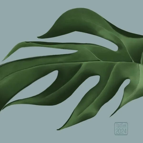 Digital drawing of a close cropped monstera leaf