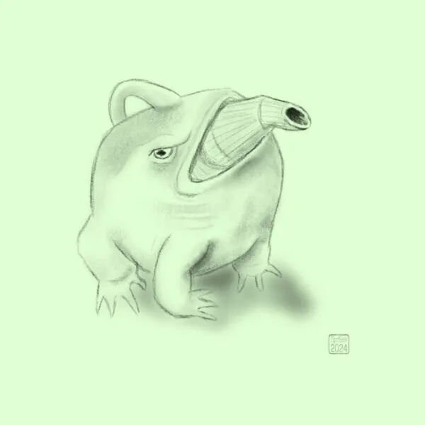 Digital pencil sketch of the toad teapot from Baldur’s Gate 3