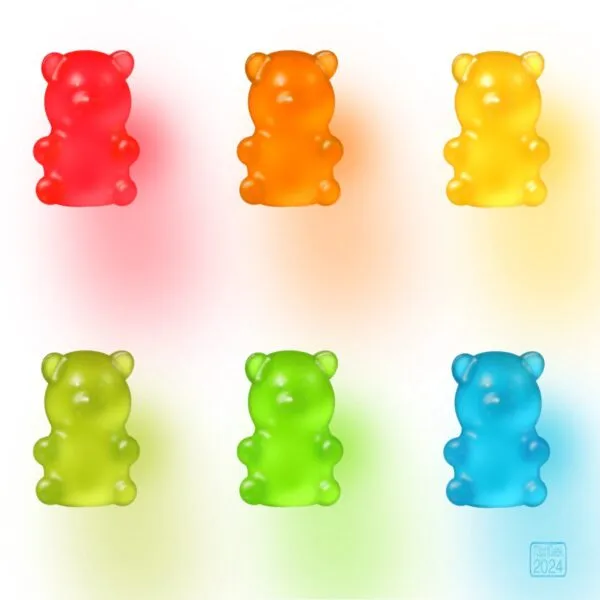 Digital drawing of six gummy bears arranged in two rows against a white background. The bears are different colours. The top row has a red, orange, and yellow bear while the bottom row has a dull green, bright green, and blue bear. 