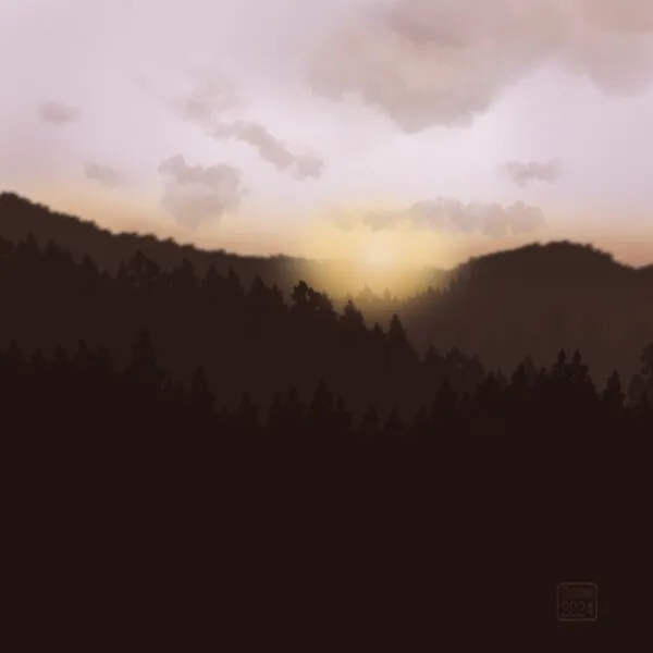 Digital painting of a landscape of pine tree covered hills and mountains, a sun rising over the horizon