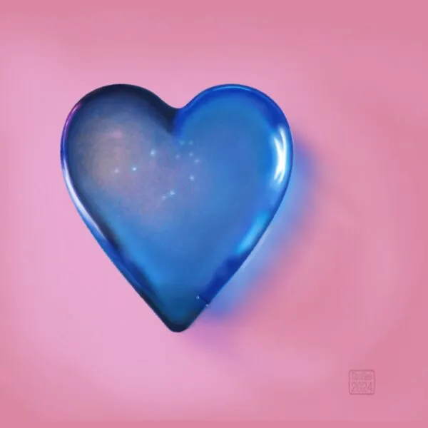 Digital drawing of a transparent blue glass heart resting on a pink background