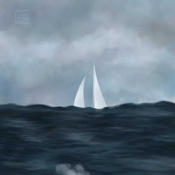 Digital drawing of a seascape with choppy dark water and a cloudy sky, the two white sails of a sailboat peeking above the horizon 