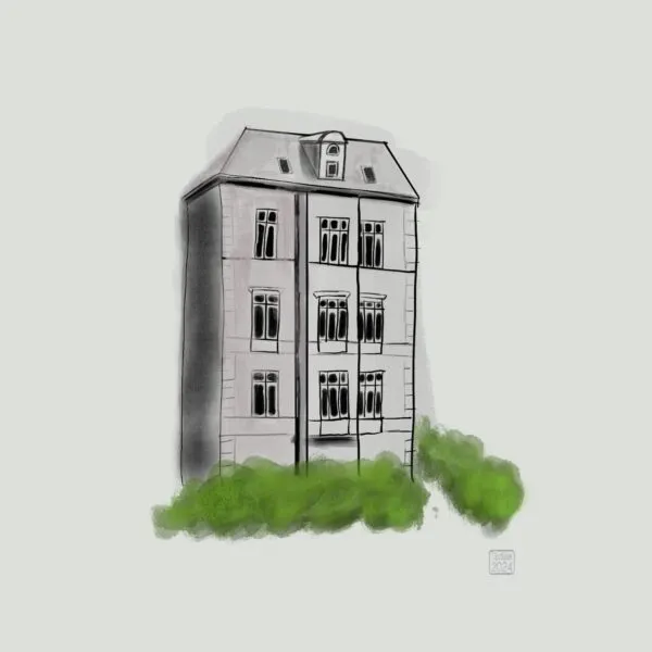 Digital sketch of a small apartment building typical of the type found in Bergen