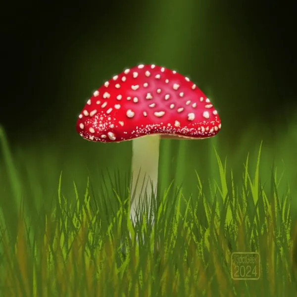 Digital drawing of a classic toadstool mushroom, with red cap and whiteish spots, surrounded by grasses and against a dark and blurry background 