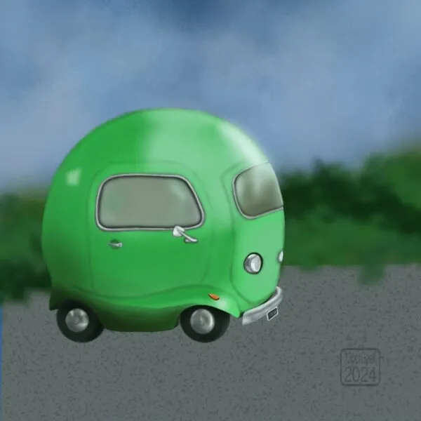 Digital drawing of a round pea-like car (something Lowly Worm might drive) 