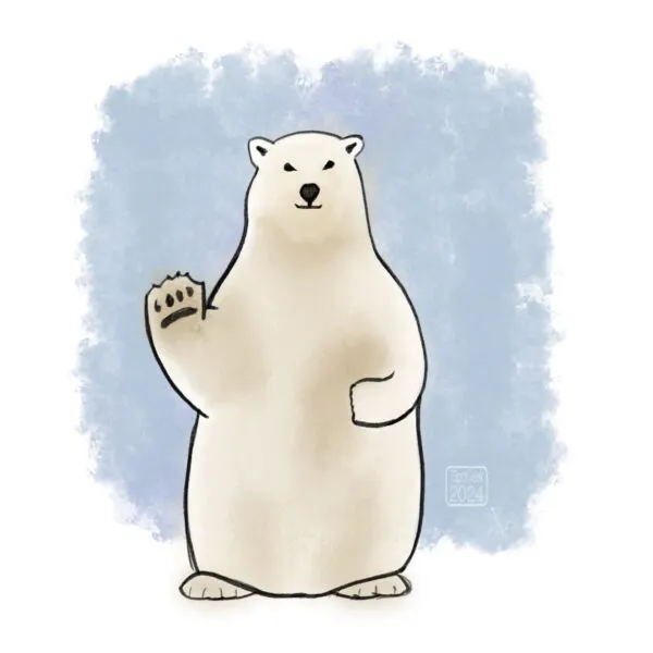 Digital ink and watercolour of a polar bear, standing on its hind legs, against a blue and white backdrop. The bear is a very simply drawn outline and has its right paw raised as if waving.