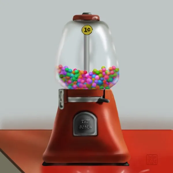Digital drawing of a gumball machine, a quarter full of gum balls in various colours.
