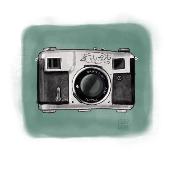 Digital ink and watercolour sketch of an old analog camera in grey and black, against a greenish backdrop