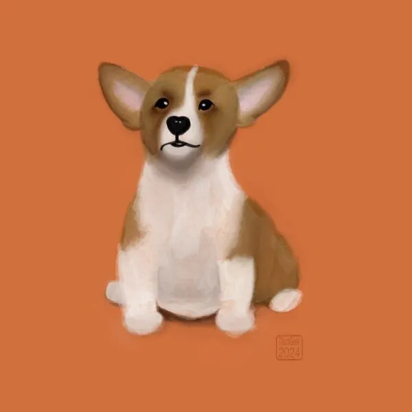 Digital watercolour of a brown and white puppy against an orange backdrop 
