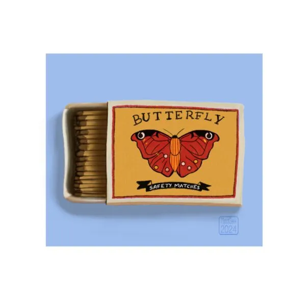 Digital drawing of a half-open box of Butterfly brand matches