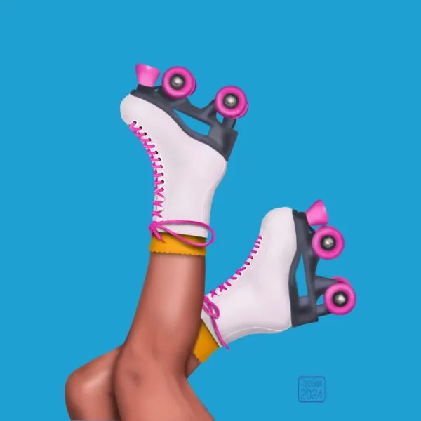 Digital drawing of a woman’s legs, from just above the knee to foot, being held in the air. Shes wearing white roller skates with pink wheels and laces, short yellow socks and is otherwise bare-legged.