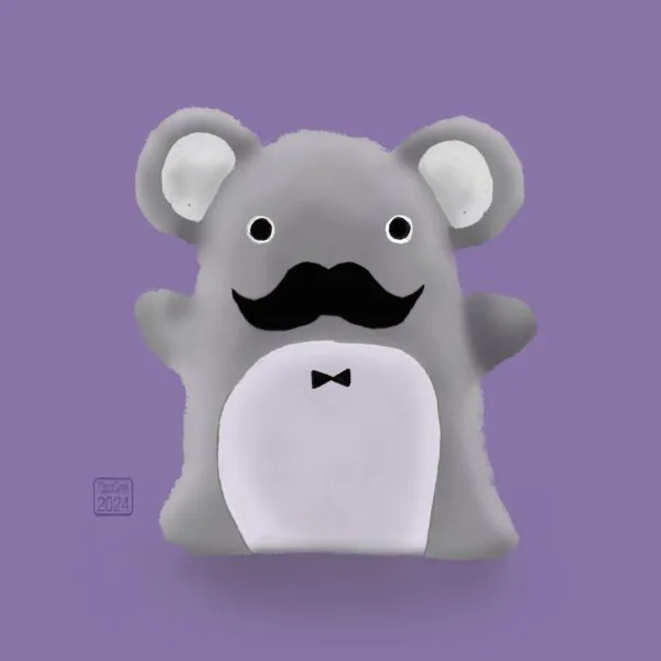 Digital drawing of a Noodoll plushie against a purple background. It’s a grey and white mouse-type plushie with a black moustache and he’s wearing a small black bow tie. The name of this particular plushie is Sir Chesterfield