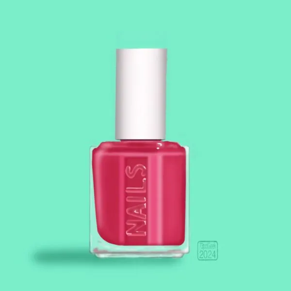 Digital drawing of an Essie style nail polish bottle containing dark pink polish with the word NAILS embossed on it