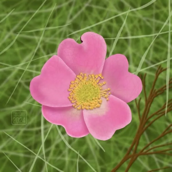 Digital drawing of a pink briar rose against a green textured background 