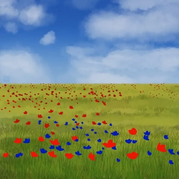 A sloppy no-spoons-left digital sketch of a poppy field and cloudy blue sky above