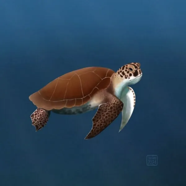 Digital painting of a sea turtle serenely floating against a blue ocean background