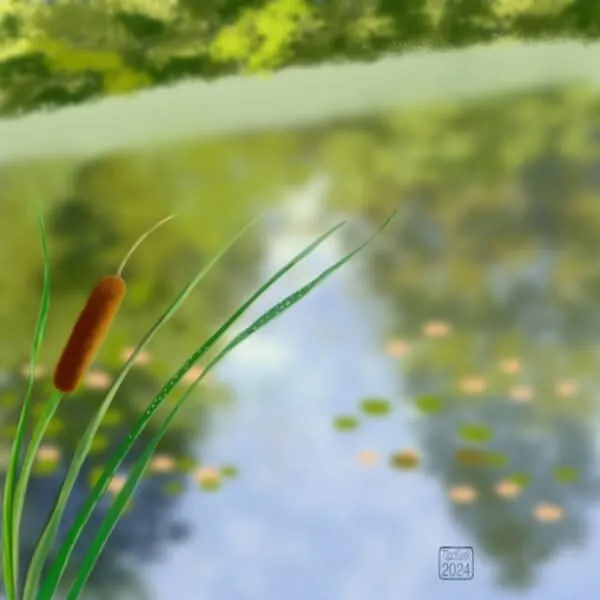 Digital painting of a blurry pond with a cattail in focus at the front