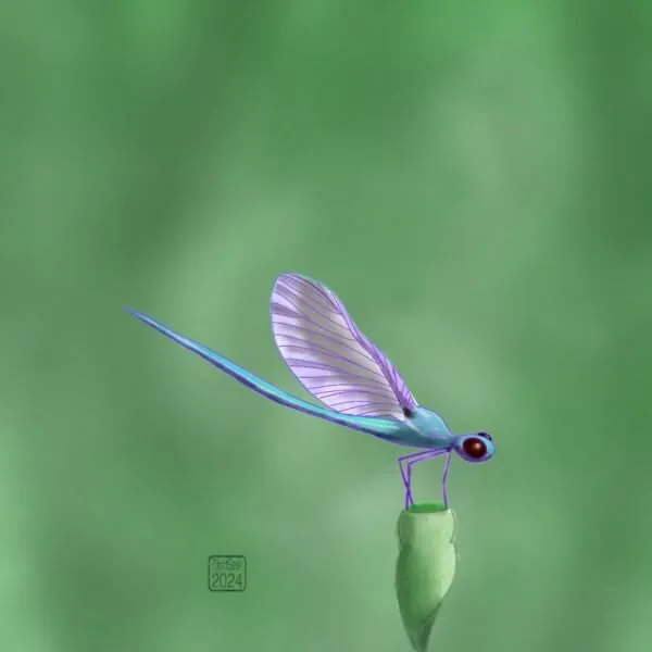 Digital ink and watercolour of a bluish-purplish dragonfly resting on a plant