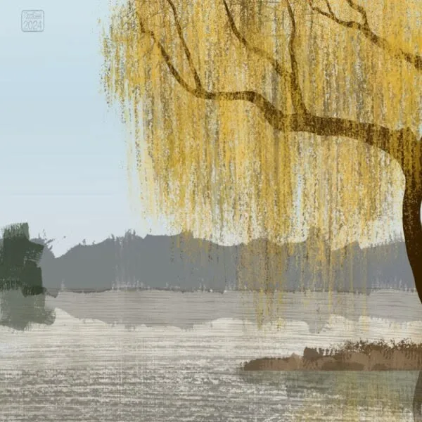 Digital painting of a landscape with a distant shore, calm water and a willow tree featuring prominently in the foreground