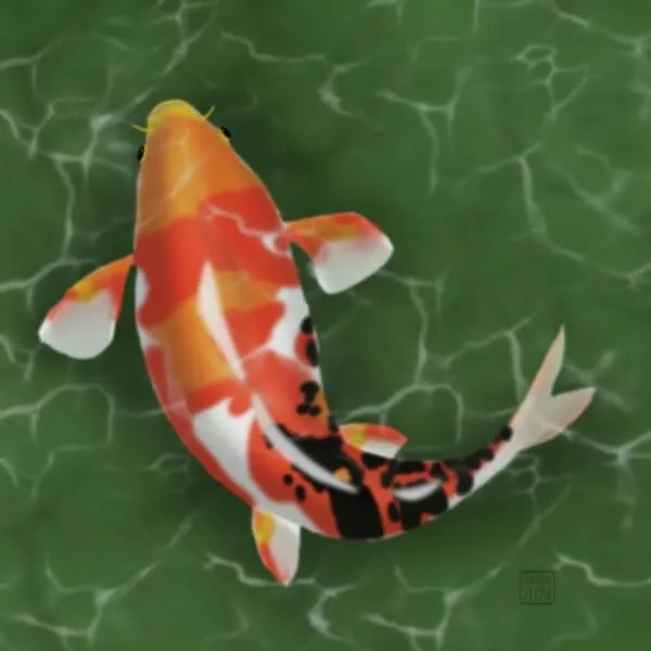 Digital painting of a koi fish swimming.
