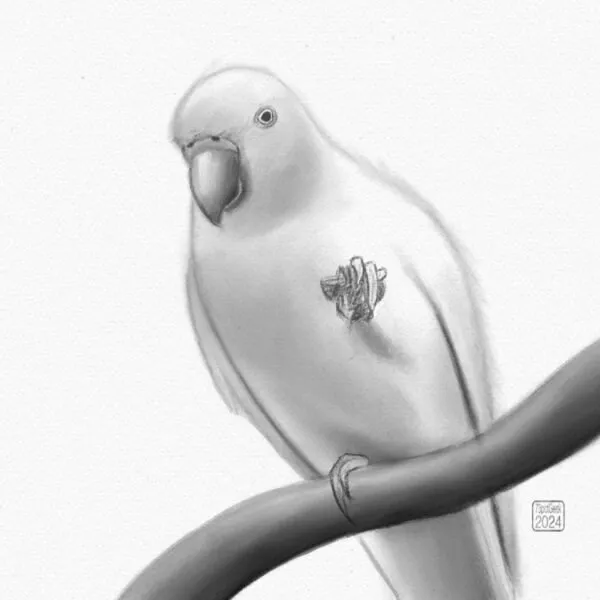 Digital graphite pencil drawing of a parrot sitting on a branch holding a half eaten nut in one foot