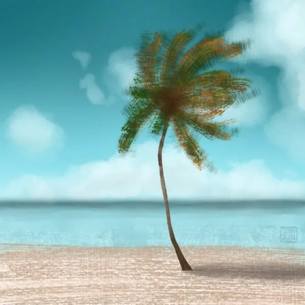 Digital painting of a single palm tree growing from a sandy beach, before a sea and skyscape behind