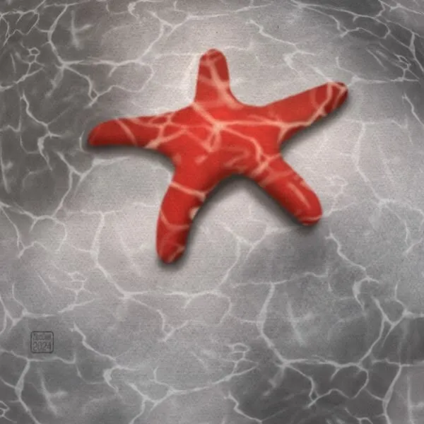 Digital painting of a red starfish underwater with sunlight dappling through the water
