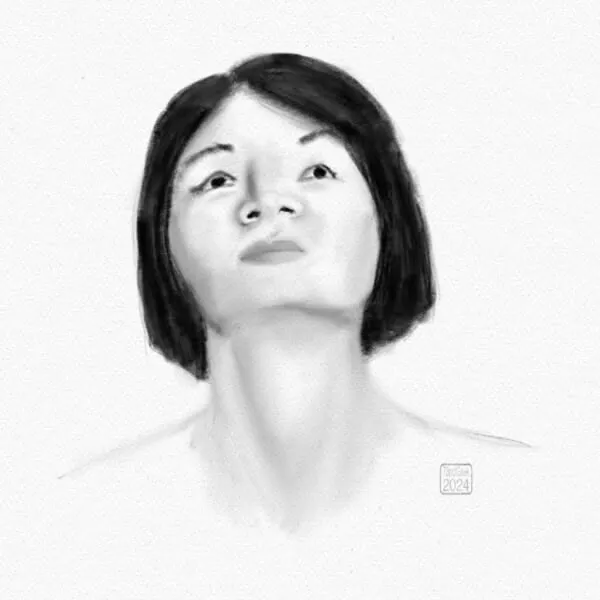 Digital pencil sketch of a woman’s face and throat.
