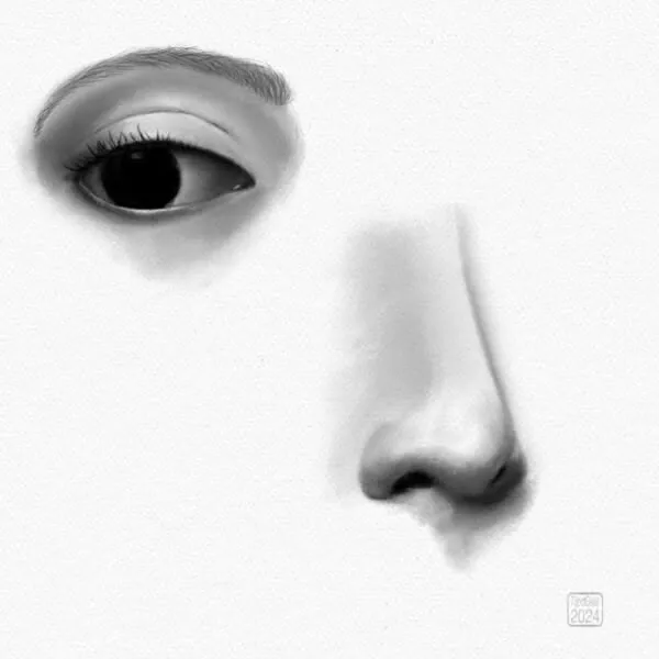 Digital pencil sketches of an eye and a nose