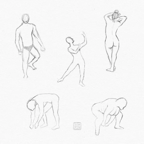 Digital pencil sketches of five different figure poses