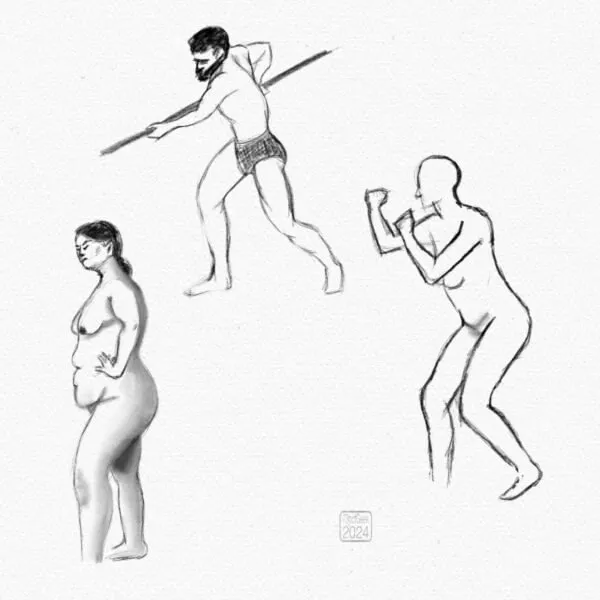 Digital pencil sketches of three different figures